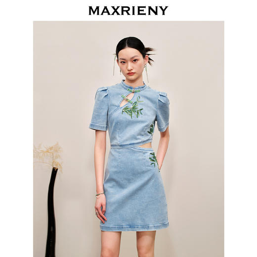 MAXRIENY新中式竹叶提花镂空牛仔连衣裙(货号:MC88DR504) 商品图2