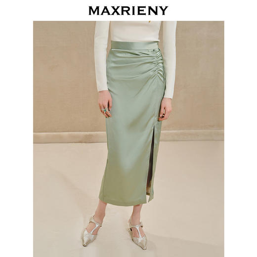 MAXRIENY清雅新中式半裙2024秋冬新款抽褶优雅开叉高腰长裙(货号:MS85SK518) 商品图2