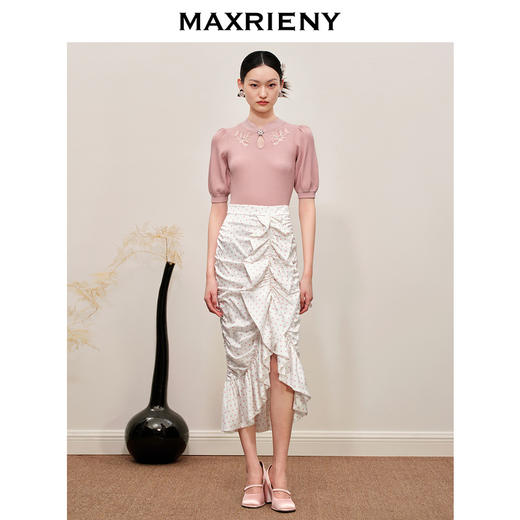 MAXRIENY复古浪漫粉波点抽褶鱼尾半裙雪纺裙(货号:MC88SK564) 商品图1