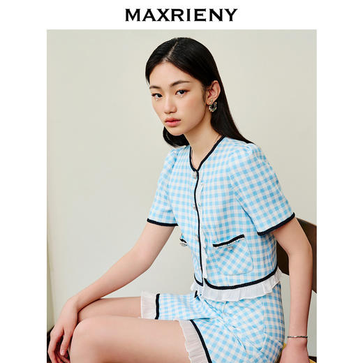 MAXRIENY蓝白格纹撞边千金小香风半裙不对称小裙子(货号:MS88SK252) 商品图2