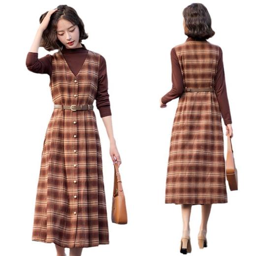 HRYF9688 小香风格子背心连衣裙女2024秋季新款修身显瘦遮肚中长款两件套裙 商品图4