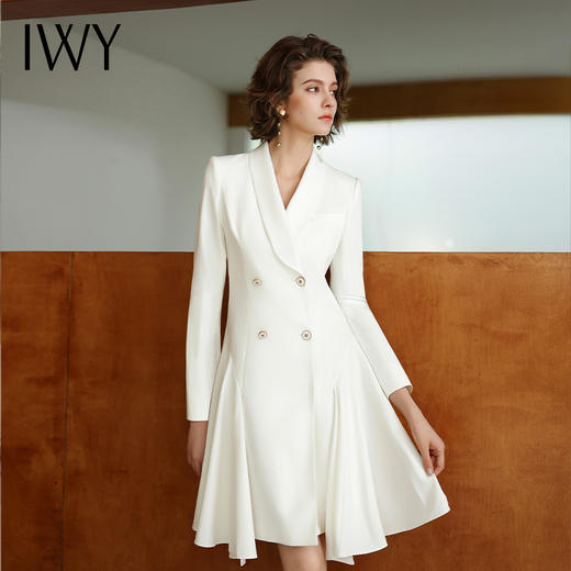 IWY/白色长袖V领职业装裙小香风气质*时尚女神范OL显瘦连衣裙女Q14304 商品图1