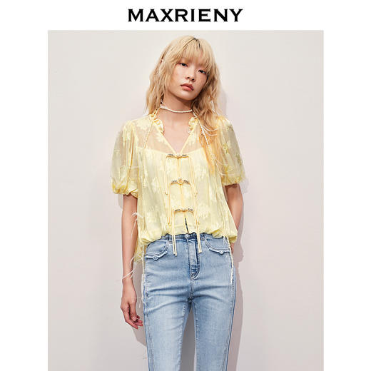 【海边度假-商场同款】MAXRIENY清冷新中式钉珠挖肩上衣修身显瘦(货号:MC85TP325) 商品图2