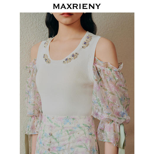 MAXRIENY钉珠设计感拼接雪纺碎花泡泡袖针织背心女(货号:MC88SW311) 商品图2