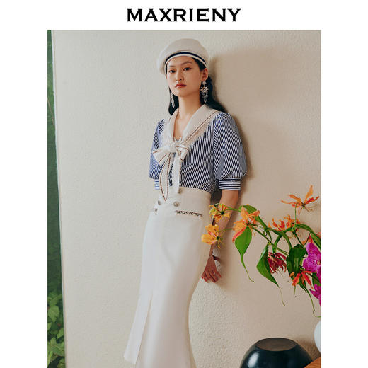 MAXRIENY海军风蓝白条纹复古撞色领衬衫上衣(货号:MC88TP362) 商品图2