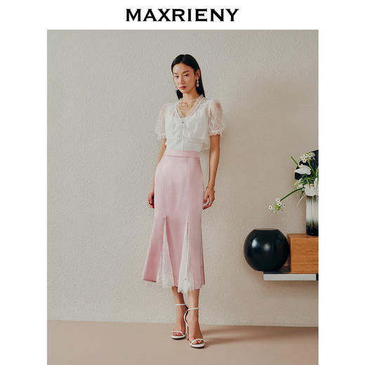 MAXRIENY浪漫优雅感樱花粉蕾丝拼接鱼尾缎面半裙(货号:MC88SK259) 商品图1