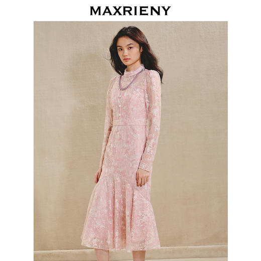 MAXRIENY*优雅浪漫感连衣裙2024秋冬新款鱼尾荷叶边蕾丝长裙(货号:MS85DR519) 商品图1