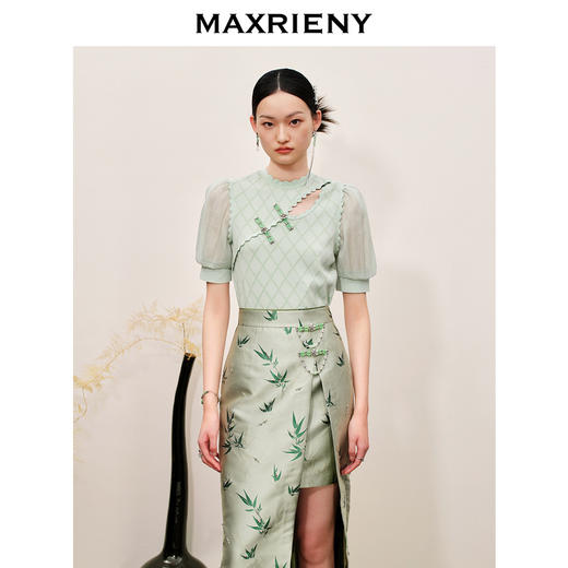 MAXRIENY新中式格纹镂空套头针织上衣薄荷曼波风(货号:MC88SW503) 商品图2