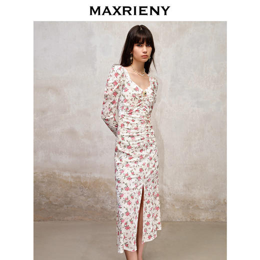 MAXRIENY玫瑰丝绒提花连衣裙秋冬度假仙美开叉裙子(货号:MS88DR753) 商品图2