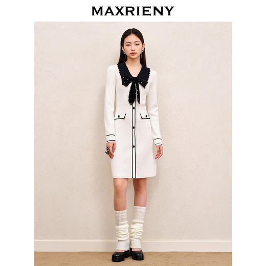 MAXRIENY名媛千金小香风撞色针织连衣裙蝴蝶结(货号:MS88DR528) 商品图1