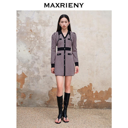 MAXRIENY名媛千金小香连衣裙千鸟格复古针织裙(货号:MS88DR548) 商品图3