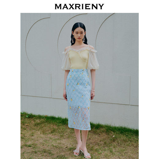 MAXRIENY柠檬半裙肌理感蕾丝高腰一步裙(货号:MC88SK274) 商品图1