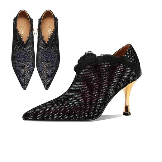 【预售7天】蕾丝花边真皮高跟深口单鞋女水钻尖头秀气皮鞋秋冬踝靴CX&CX083 商品图4