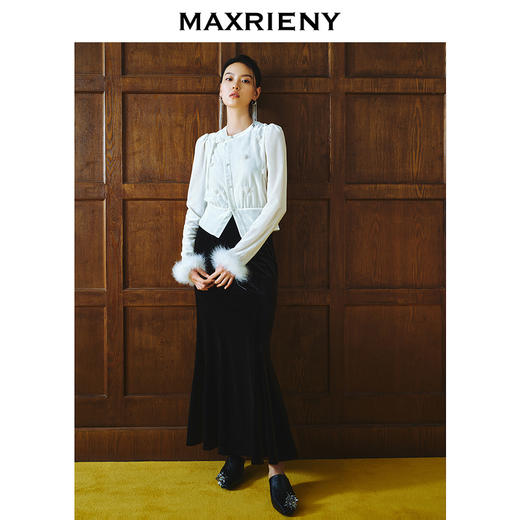 MAXRIENY复古浪漫收腰抽褶半裙2024秋冬新款法式赫本风花边长裙(货号:MS85SK519) 商品图1