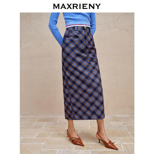 MAXRIENY复古格纹直筒半裙23秋冬梭织羊毛高腰裙子(货号:MC88SK542) 商品图2