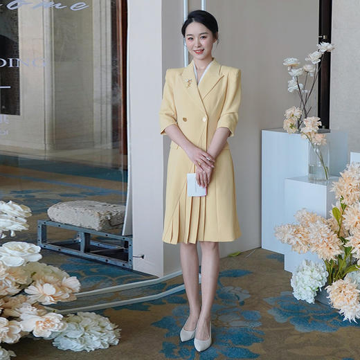 IWY/黄色*西装职业连衣裙女压褶设计感宴会接待主持人播音比赛Q14103 商品图1