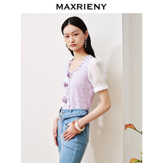 MAXRIENY提花欧根纱泡泡袖套头针织温柔浪漫上衣(货号:MC88SW532) 商品图2