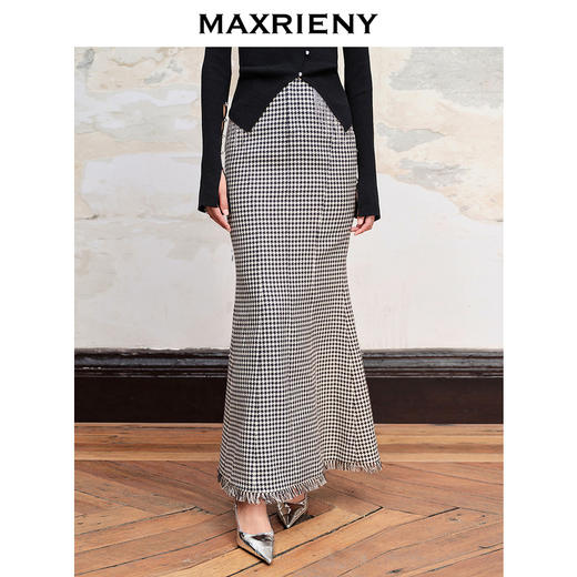 MAXRIENY法式复古感千鸟格鱼尾半裙23秋冬半身裙(货号:MC88SK569) 商品图1