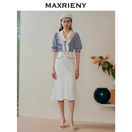 MAXRIENY海军风蓝白条纹复古撞色领衬衫上衣(货号:MC88TP362) 商品图1