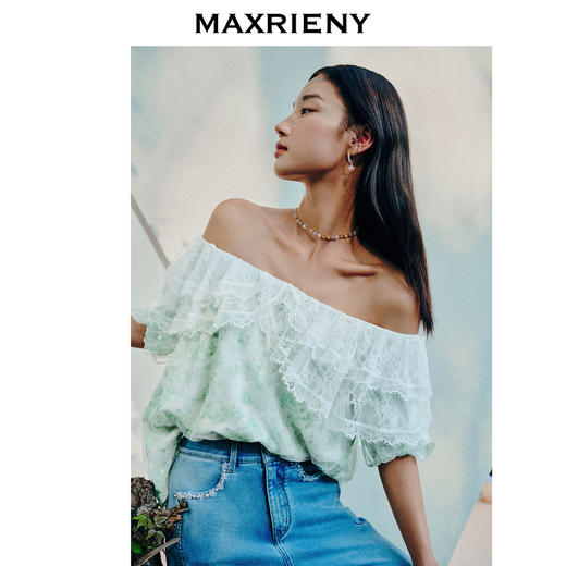 MAXRIENY甜美田园风一字肩雪纺衫荷叶边上衣(货号:MC88TP323) 商品图2