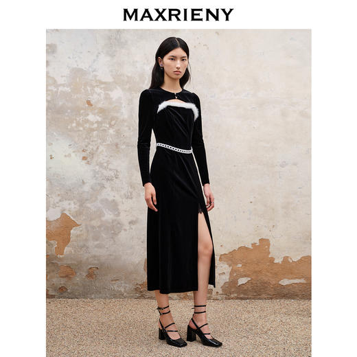 MAXRIENY法式浪漫吊带丝绒连衣裙开衩长裙外搭套装(货号:MS88DR505) 商品图1