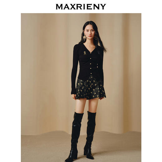 【商场同款】MAXRIENY复古宫廷V领羊腿袖套头针织衫修身上衣女(货号:MC88SW849) 商品图1