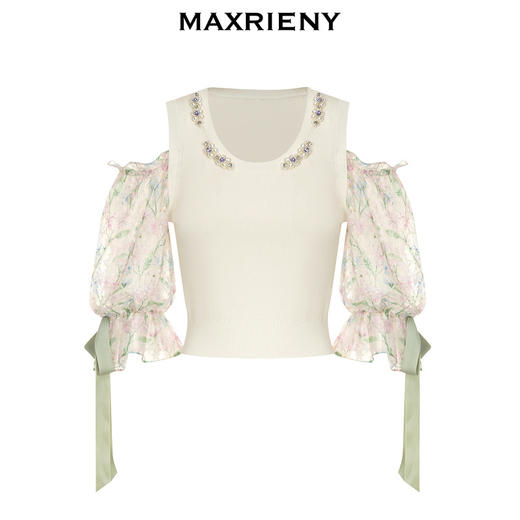 MAXRIENY钉珠设计感拼接雪纺碎花泡泡袖针织背心女(货号:MC88SW311) 商品图4