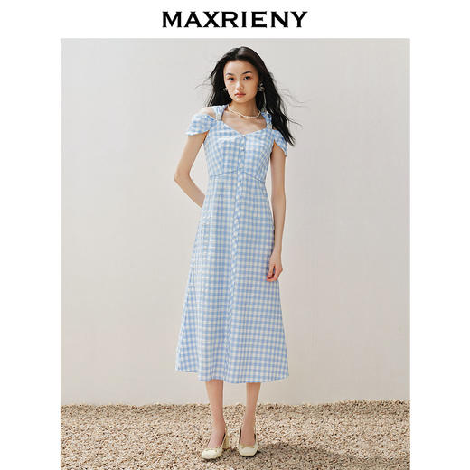 MAXRIENY优雅复古感蓝白格纹烫钻连衣裙甜美裙子(货号:MS85DR261) 商品图1