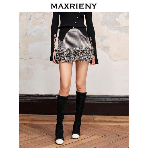 MAXRIENY法式复古甜美感千鸟格荷叶边短裙半裙(货号:MC88SK570) 商品图1
