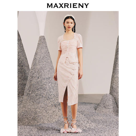 MAXRIENY复古新中式粉色提花开衩半身裙春季(货号:MC88SK071) 商品图1