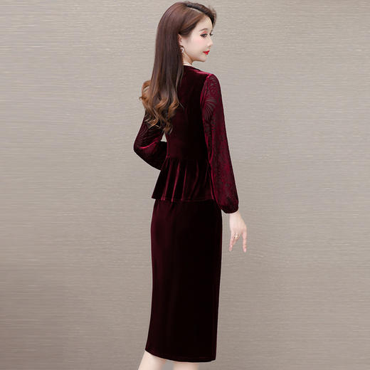 金丝绒包臀裙中长款假两件，长袖裙气质优雅女装职业秋冬裙QYM-LRX-NF8132-1-Y 商品图2