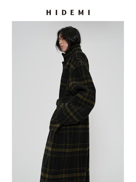 HIDEMI 【赵露思同款】极简大廓形色织格纹羊毛翻领可拆卸腰带式落肩宽松长款厚款大衣 商品图9