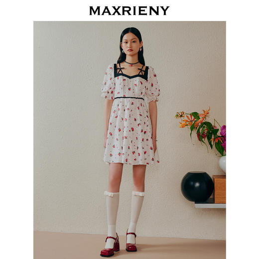 MAXRIENY甜美一字肩吊带连衣裙草莓印花泡泡袖裙子(货号:MC88DR251) 商品图1