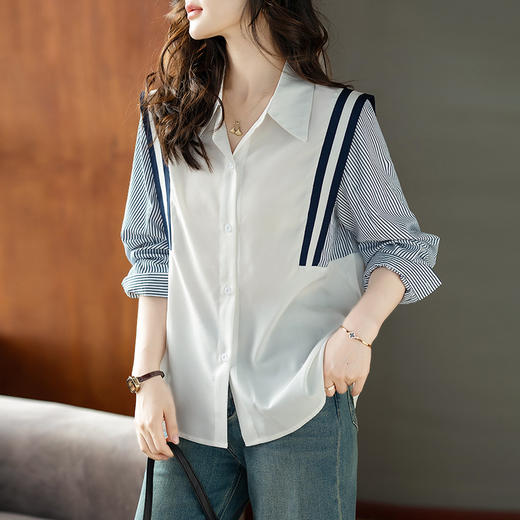 设计感拼接条纹衬衫，休闲百搭上衣气质衬衣CC- XFY2137 商品图1
