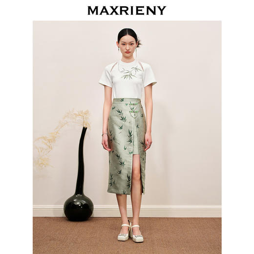 MAXRIENY新中式竹子提花t恤修身上衣薄荷曼波风(货号:MC88TS503) 商品图1