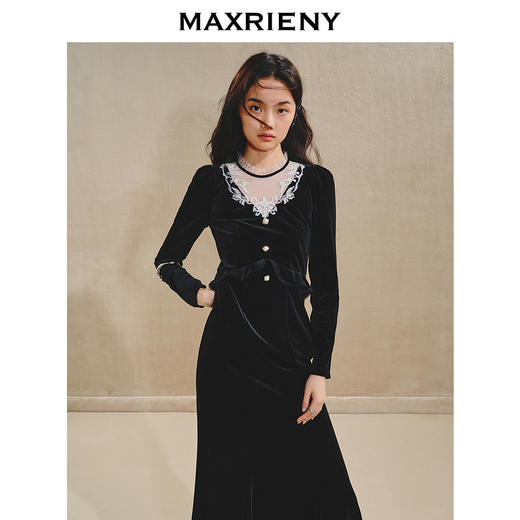 MAXRIENY复古浪漫丝绒连衣裙蕾丝刺绣领2024秋冬法式赫本风长裙(货号:MS85DR512) 商品图2