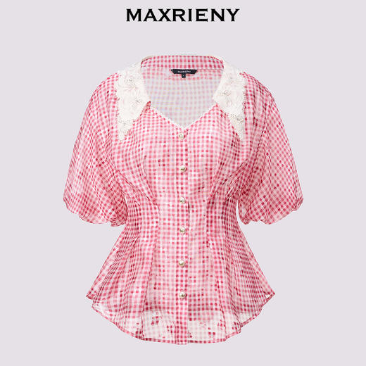 【静奢度假-商场同款】MAXRIENY宫廷文艺风翻领撞色格纹收腰上衣(货号:MC85TP306) 商品图4