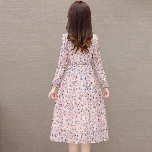 系带收腰印花连衣裙，百褶裙中长款长袖优雅A字裙QYM-HL-24A6618-Y 商品图2