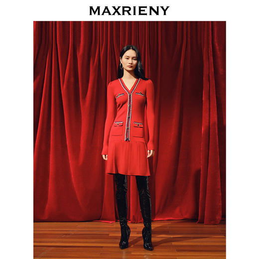 MAXRIENY*复古优雅撞色织带连衣裙冬款新年裙子(货号:MC88DR777) 商品图2