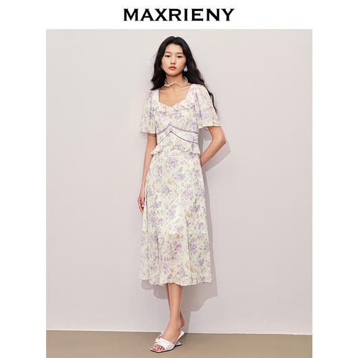 MAXRIENY浪漫度假风连衣裙2024夏季新款复*领长裙晕染雪纺印花(货号:MS85DR299) 商品图1