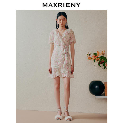 MAXRIENY桃花茶歇裙欧式园艺风连衣裙碎花真丝长裙(货号:MC88DR313) 商品图1