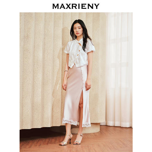 MAXRIENY复古优雅感醋酸鱼尾半裙蕾丝开衩裙子(货号:MS85SK251) 商品图1