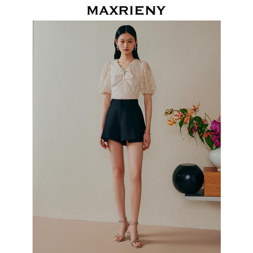 MAXRIENY复古赫本风蕾丝v领泡泡袖雪纺衫短袖上衣(货号:MC88TP349) 商品图2