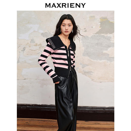 【商场同款】MAXRIENY条纹彼得大翻领针织拉链开衫秋冬修身上衣女(货号:MC88JA590) 商品图2