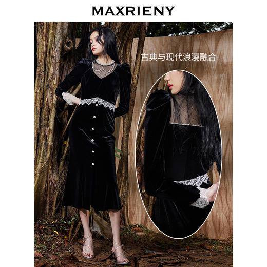 MAXRIENY丝绒连衣裙法式蕾丝裙泡泡袖赫本风长裙(货号:MS87DR514) 商品图2