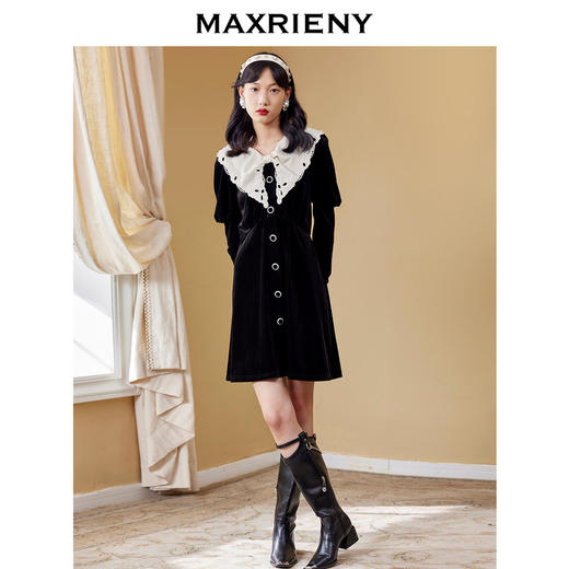 MAXRIENY法式赫本丝绒小黑裙秋季连衣裙蝴蝶结(货号:MC87DR550) 商品图1