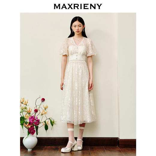 MAXRIENY复古宫廷感浮雕连衣裙蕾丝网纱小白裙(货号:MS88DR325) 商品图3