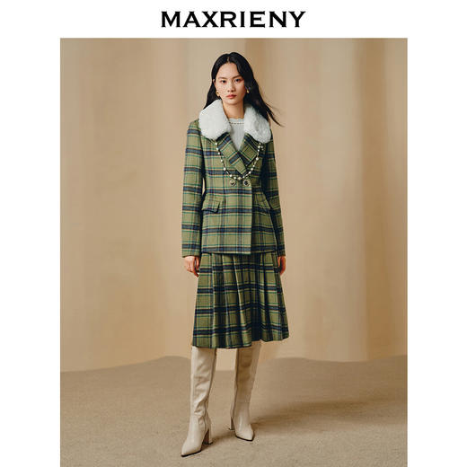 MAXRIENY宫廷复古风收腰格纹毛领外套2023冬季新款(货号:MC88JA836) 商品图1