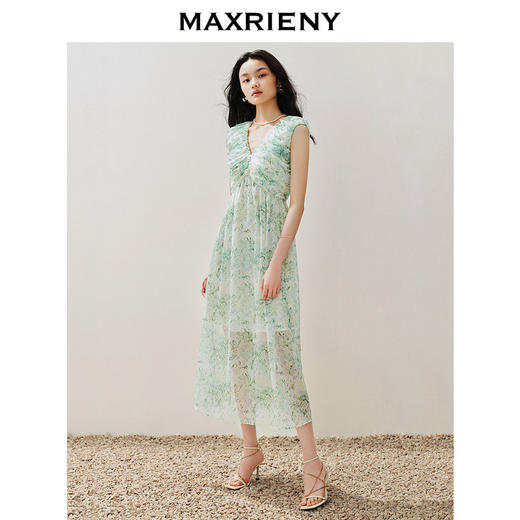 MAXRIENY浪漫度假风印花连衣裙仙美悠闲v领茶歇裙(货号:MS85DR268) 商品图1