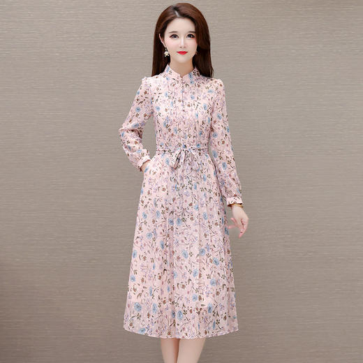 系带收腰印花连衣裙，百褶裙中长款长袖优雅A字裙QYM-HL-24A6618-Y 商品图0